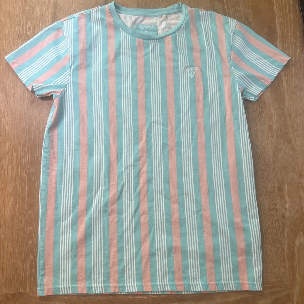 Guess Los Angeles Striped Vertical‎ Shirt Sea Foam Mint Green Pink Mens Medium